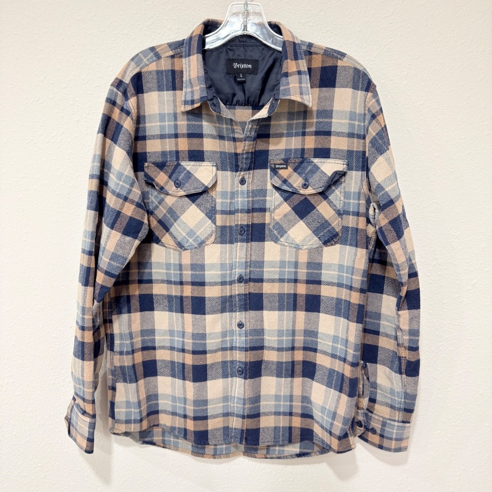 Brixton Plaid Flannel Shirt Large Tan Blue Streetwear Grampa Core Rustic